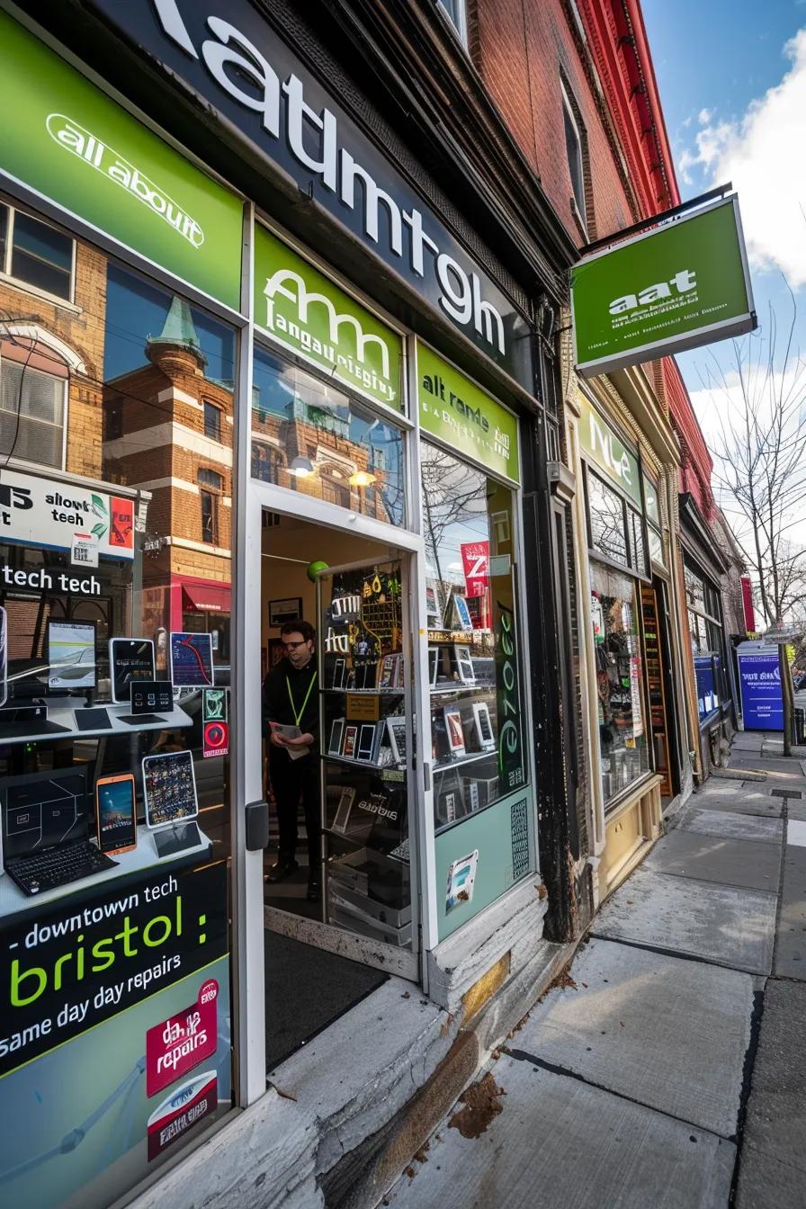 a vibrant urban storefront of "aat all about tech – downtown bristol" showcases clean windows filled with an array of devices, while a friendly technician assists a customer under banners promoting "same day repairs" and "affordable plans starting at $7/year."
